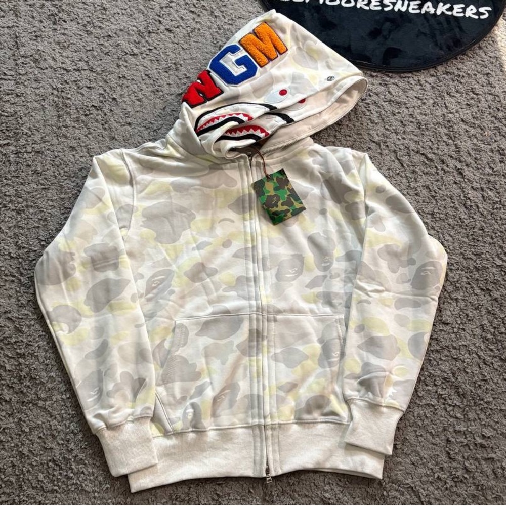Bape Kids Camo Shark Hoodie - White and Gray